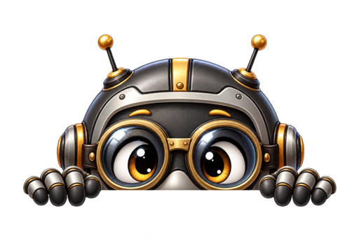 A friendly robot wearing goggles peeks over the chat button